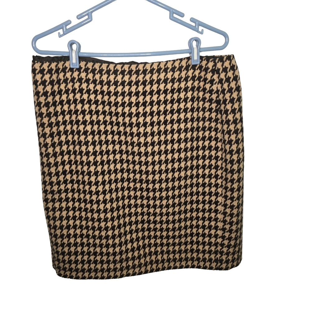 Talbots Women’s Plus Size 14 Wool Pencil Skirt Brown Tan Houndstooth Career